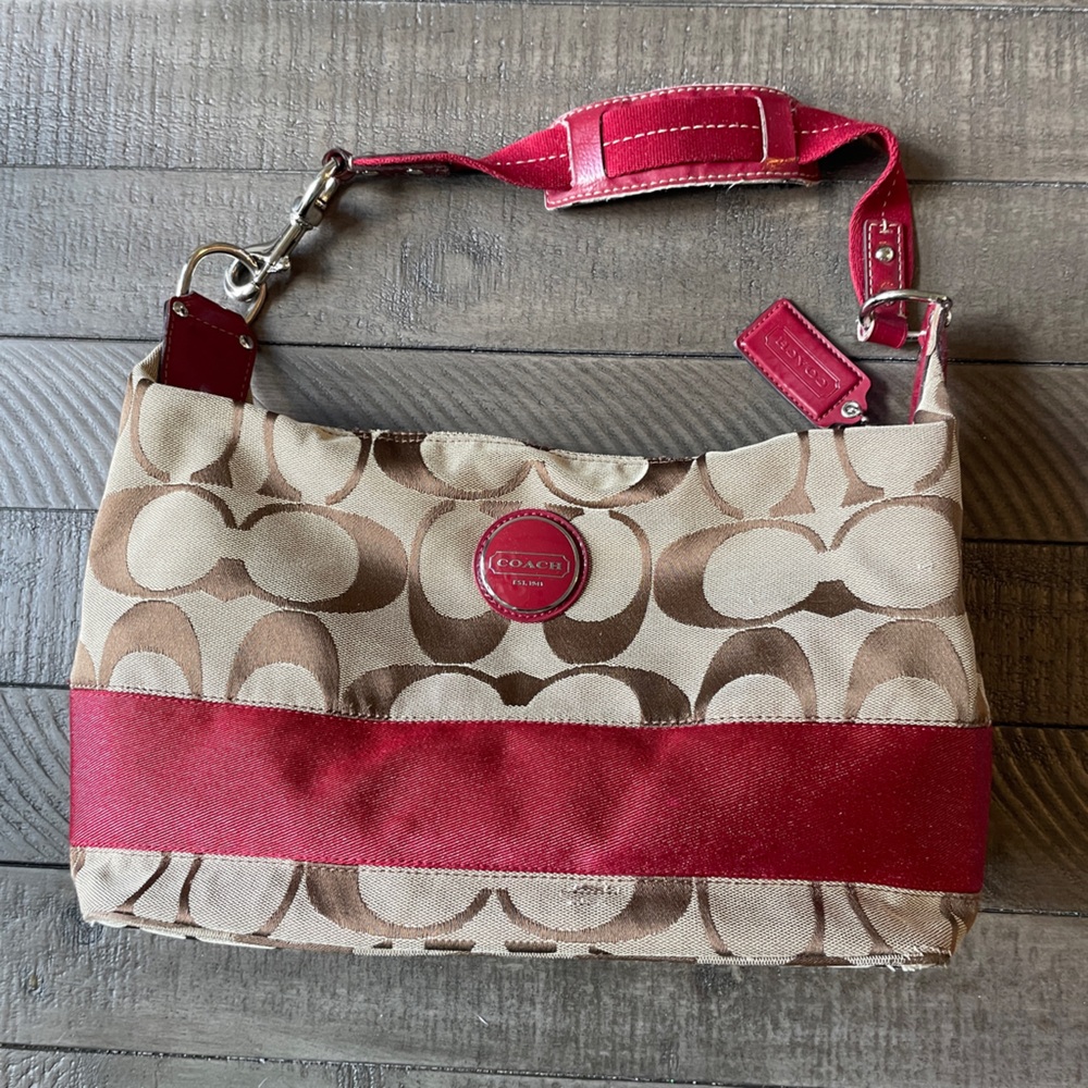 Coach Signature Tan and Red Shoulder Bag